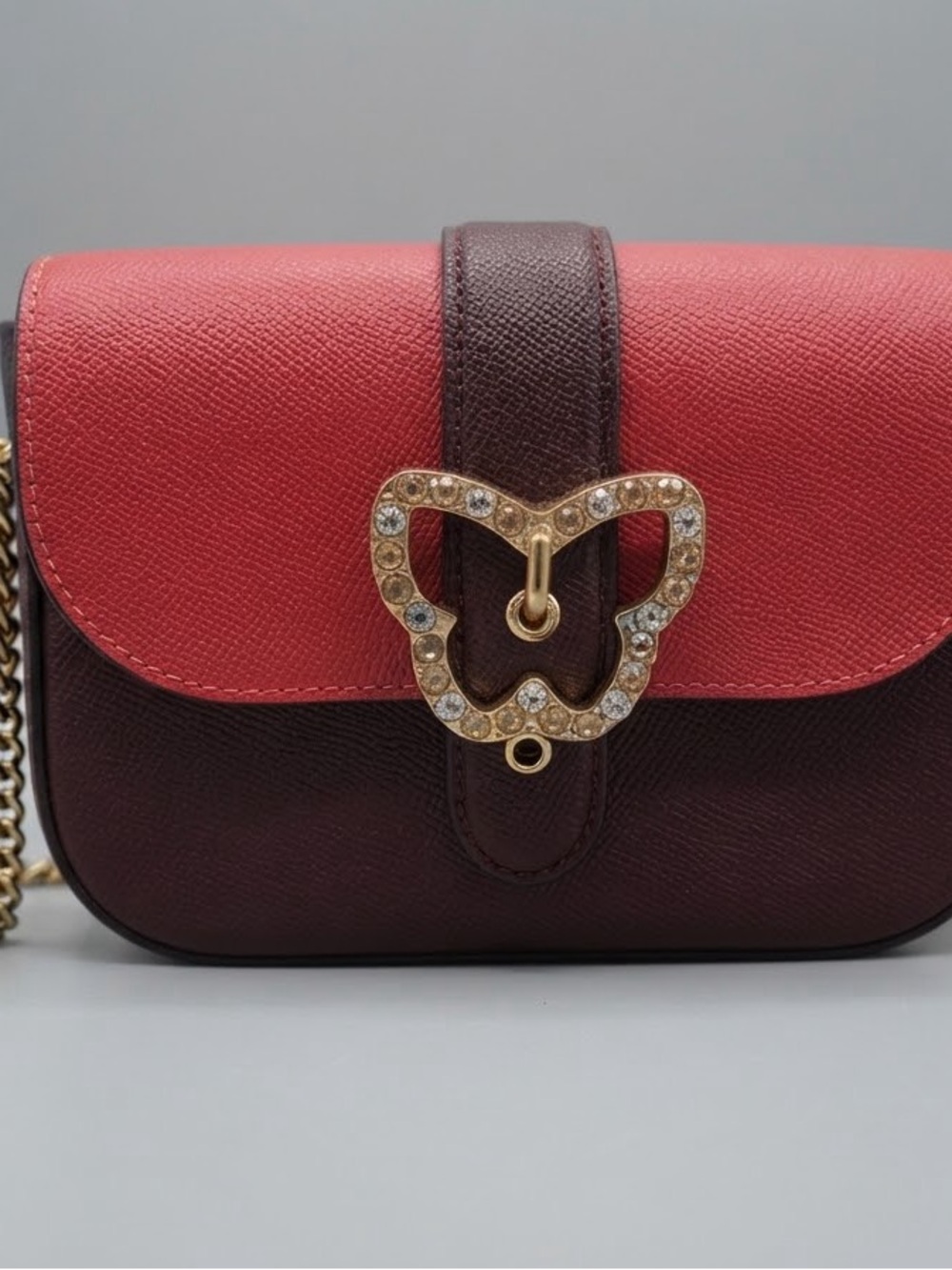 Coach Two-Tone Burgundy and Red Leather Crossbody with Gold Chain Strap